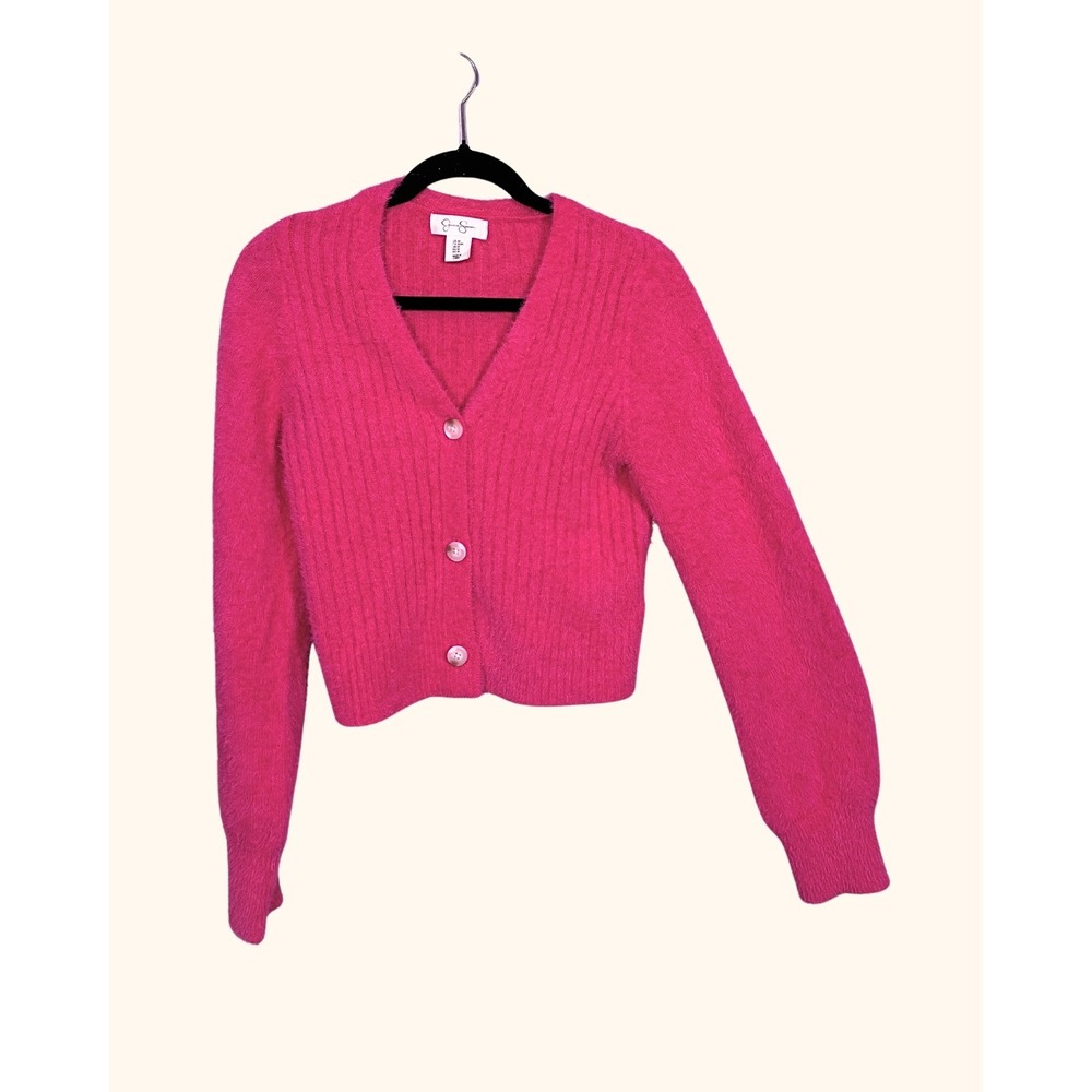 Jessica Simpson Hot Pink Fuzzy Ribbed Cropped Cardigan Sweater Size Medium